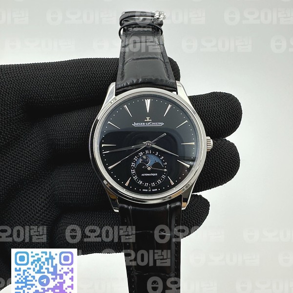 APS공장 예거르쿨트르 마스터 울트라씬 문페이즈 스틸 블랙다이얼 가죽스트랩 Master Ultra Thin Moon SS APSF 1:1 Best Edition Black Dial on Black Leather Strap SA925 Super Clone
