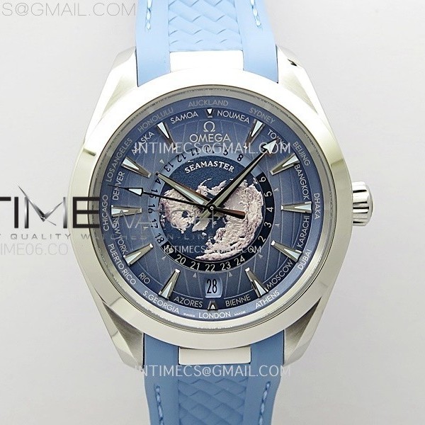 VS공장 오메가 아쿠아테라 월드타이머 써머블루다이얼 블루러버스트랩 Aqua Terra GMT Worldtimer 43mm VSF 1:1 Best Edition Summer Blue Dial on Blue Rubber Strap A8938 Super Clone