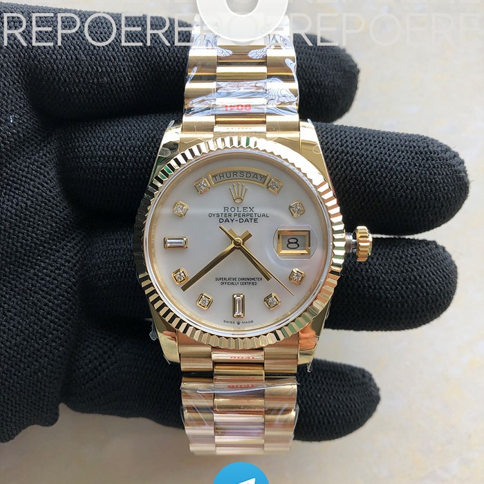 BP공장 롤렉스 데이데이트 36 옐로우골드 자개다이얼 브레이슬릿 DayDate 36mm Flt Pres YG/YG Wht MOP Diam BP Asia 2836