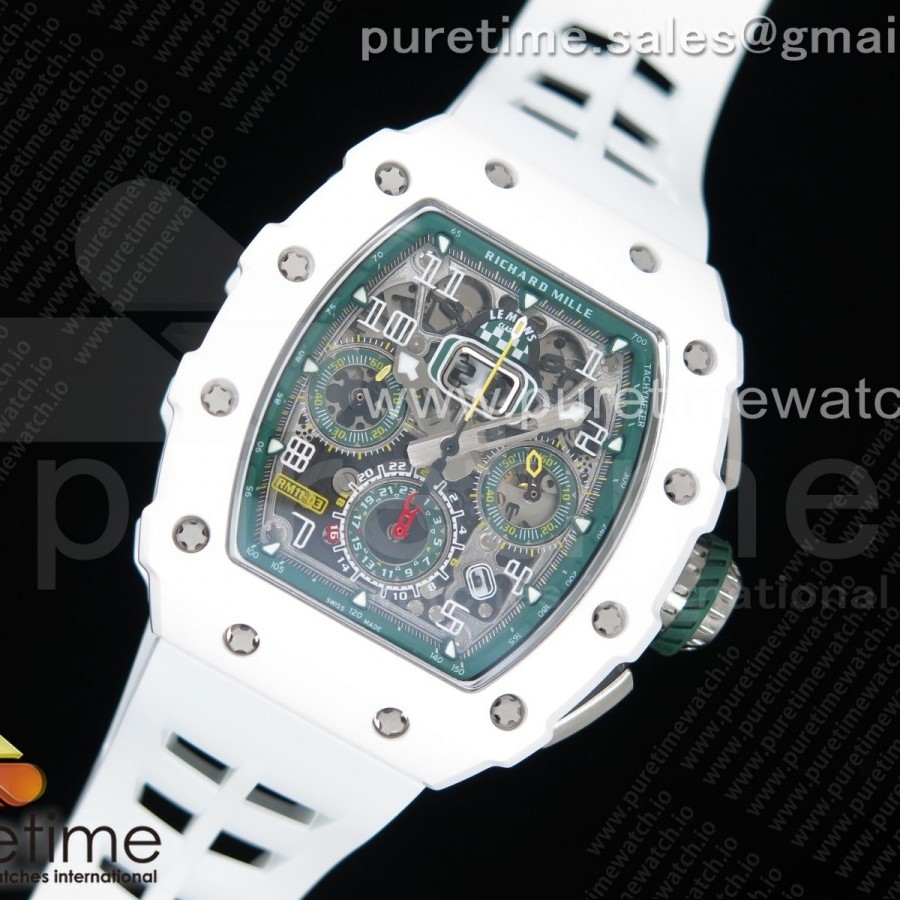 KU공장 리차드밀 RM011 화이트세라믹케이스 스켈레톤다이얼 러버스트랩 RM011 Real White Ceramic Chronograph Crystal Skeleton Dial Green on White Rubber Strap A7750 KV공장