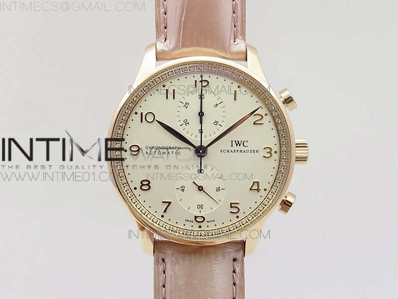 ZF공장 IWC 포르투기저 크로노그래프 PORTUGUESE IW3714 RG CASE DIAMOND  WHITE DIAL RG NUMERAL ON PINK LEATHER STRAP A79350 (SLIM MOVEMENT)