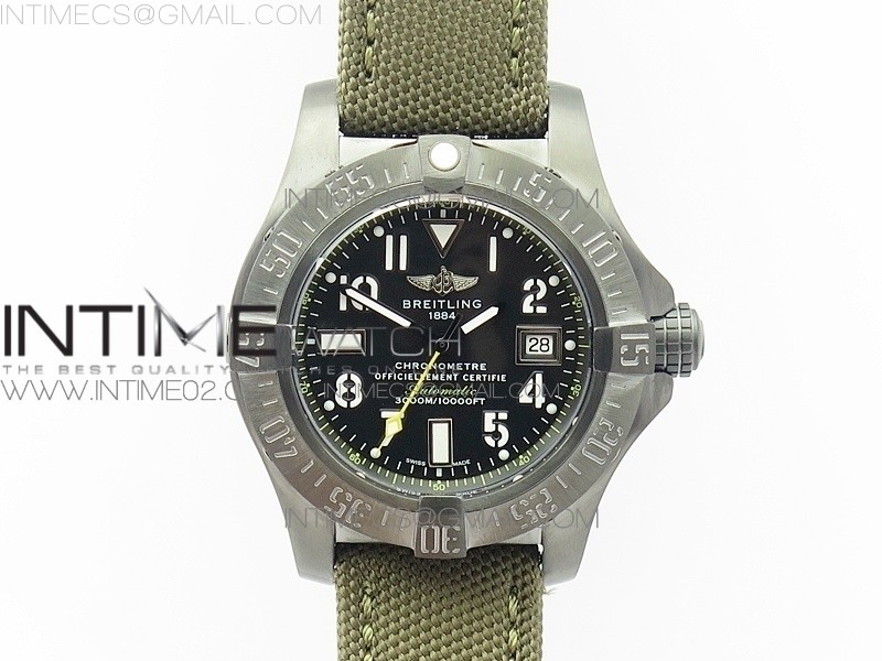 브라이틀링 어벤져2 씨울프 DLC블랙 옐로우세컨핸즈 올리브나일론스트랩 AVENGER II SEAWOLF DLC V2 BEST BLACK DIAL NUMERAL MARKERS YELLOW SECOND HAND ON BLACK STRAP A2836(FREE BROWN LEATHER STRAP