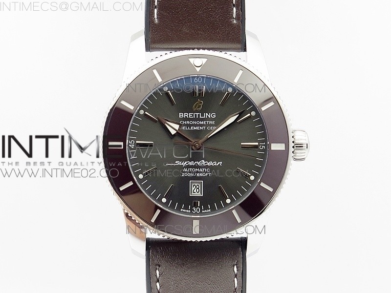 브라이틀링 슈퍼오션 헤리티지2 브라운인서트 그레이다이얼 브라운가죽스트랩 SUPER OCEAN HERITAGE BROWN CERAMIC BEZEL SS GRAY DIAL ON BROWN GUMMY STRAP A2824