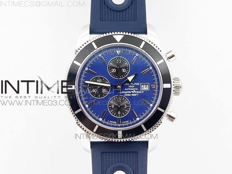 OM공장 브라이틀링 슈퍼오션 46 스틸 블루다이얼 블랙서브다이얼 블랙베젤 러버스트랩 SUPEROCEAN A13312 46MM SS BLACK BEZEL BLUE DIAL ON BLUE RUBBER STRAP A7750(FREE RUBBER STRAP)