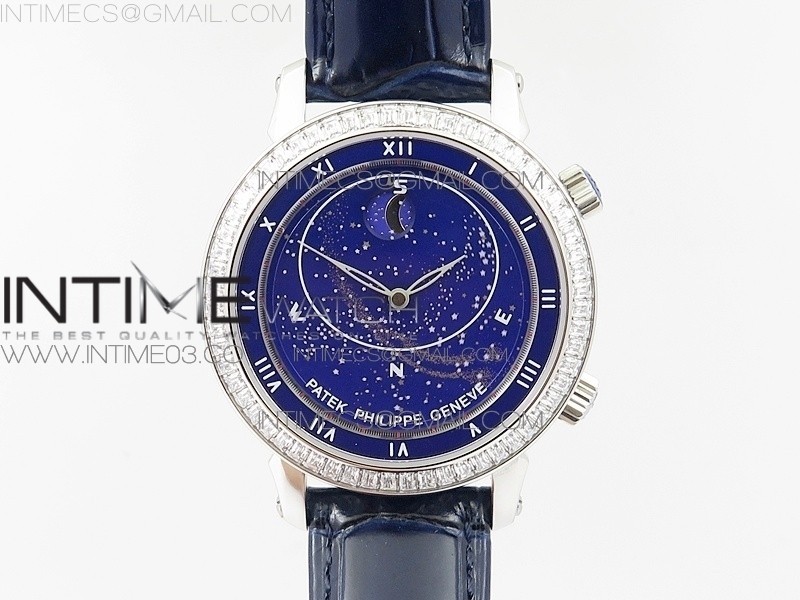 TW공장 파텍필립 6104P 문 스틸 블루다이얼 다이아몬드베젤 블루가죽스트랩 6104P MOON SS BLUE DIAL DIAMOND BEZEL ON BLUE LEATHER STRAP A240 V2