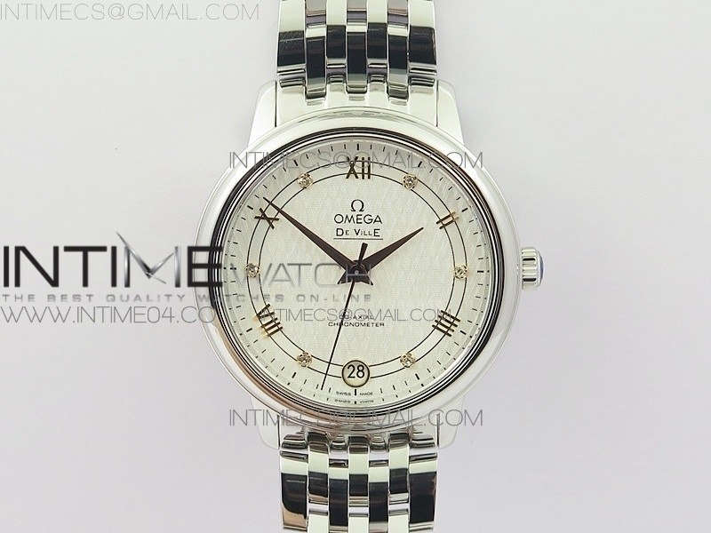 MK공장 오메가 드빌 레이디즈 스틸 화이트텍스쳐다이얼 다이아포인트인덱스 브레이슬릿 DE VILLE LADIES SS WHITE TEXTURED DIAL ON SS BRACELET MIYOTA 9015 (FREE LEATHER STRAP)