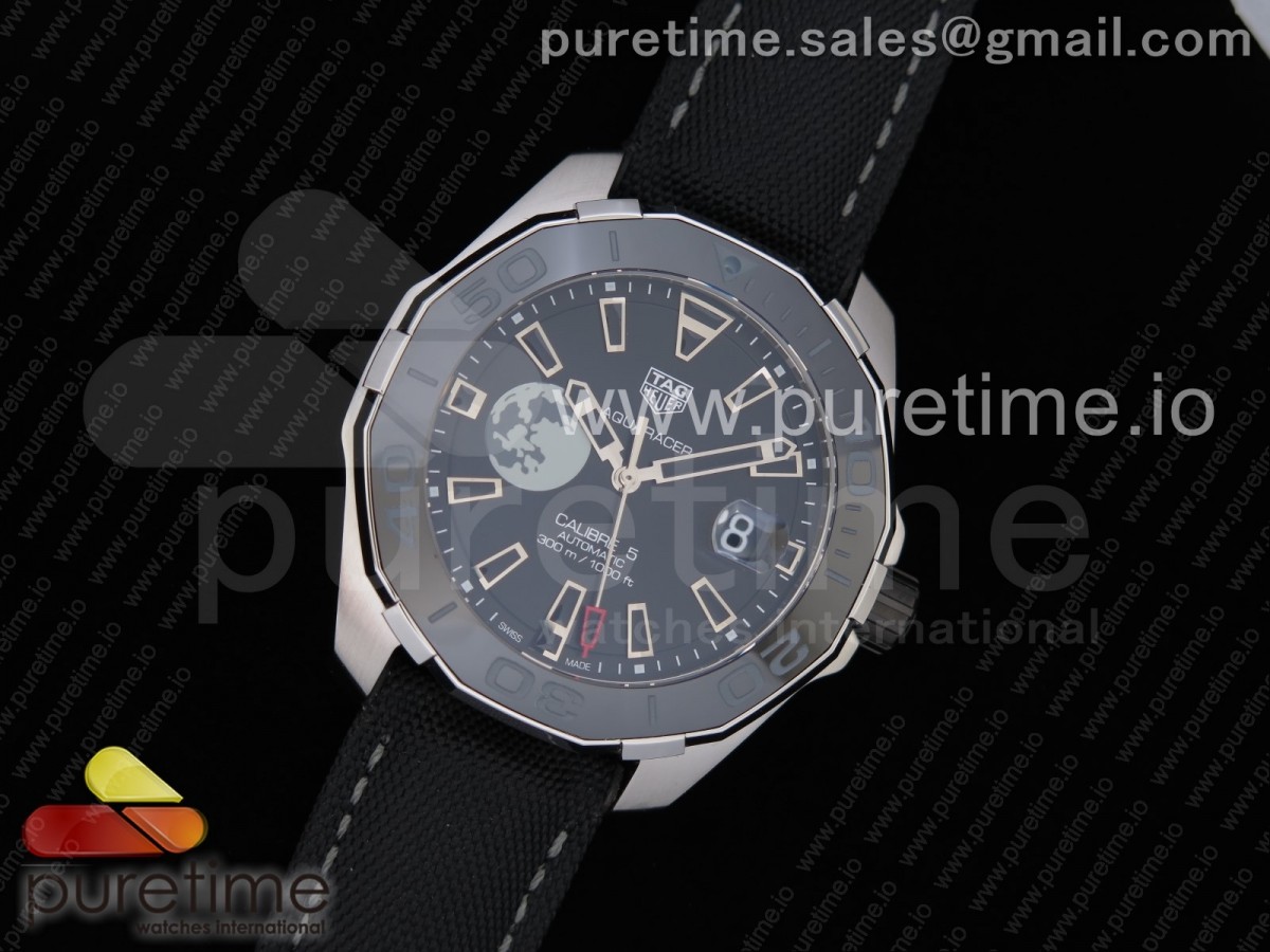 OX공장 태그호이어 아쿠아레이서5 스틸 43MM 문다이얼 블랙러버스트랩 Aquaracer Calibre 5 Moon Men's Watch 43mm Ceramic Bezel Black Dial on Nylon Strap SW200