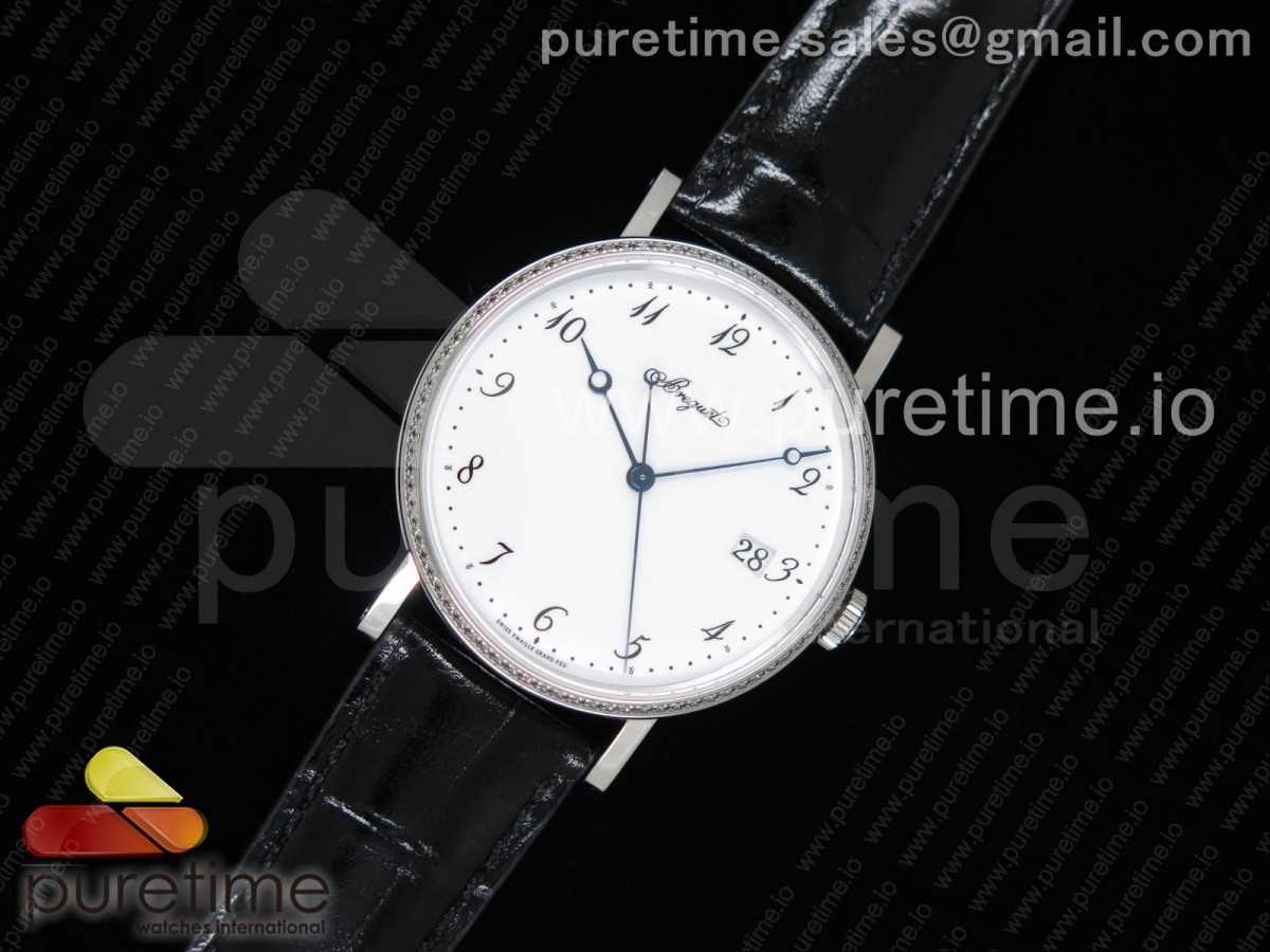 FK공장 브레게 클래식 5177 화이트다이얼 다이아베젤 가죽스트랩 Classique Auto 5177 SS White Dial Diamonds Bezel on Black Leather Strap MIYOTA 9015 V2