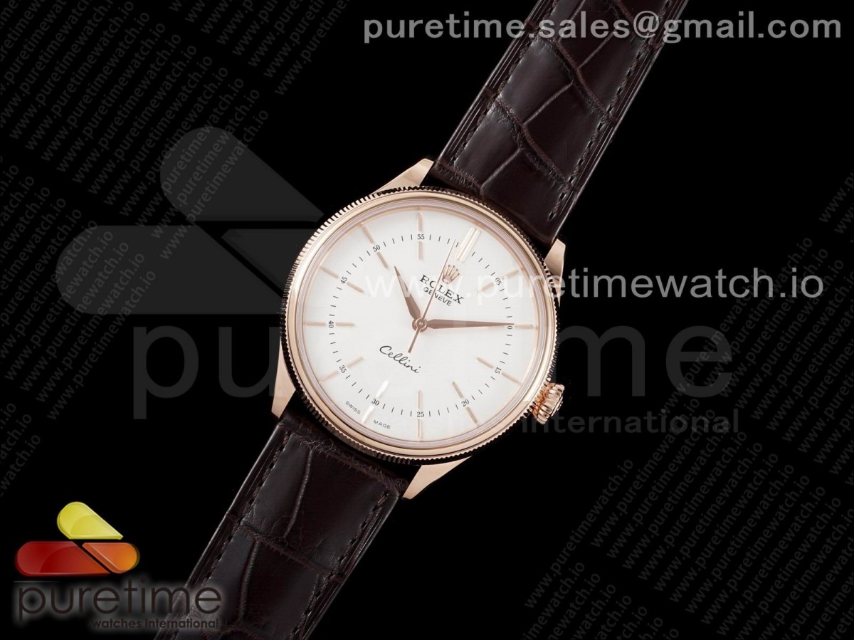 KZ공장 롤렉스 셀리니 로즈골드금통 화이트다이얼 가죽스트랩 Cellini RG KZF 1:1 Best Edition White Dial Stick Markers on Brown Leather Strap SA3132