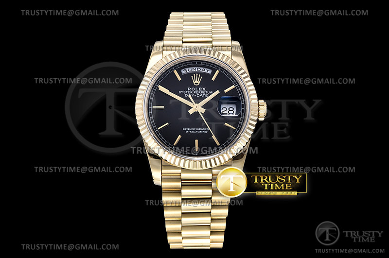 GM공장 롤렉스 데이데이트 36 옐로우골드 금통 블랙다이얼 2836 DayDate 36mm Flt Pres 904L YG/YG Blk/Stk GMF A2836