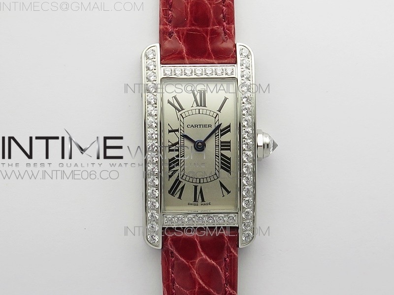 8848공장 까르띠에 탱크 아메리칸워치 19 스틸 다이아몬드베젤 실버다이얼 레드악어스트랩