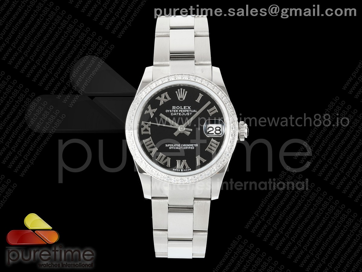 AR공장 롤렉스 레이디 데이저스트 31 블랙다이얼 로만인덱스 다이아몬드베젤 오이스터브레이슬릿 DateJust 31 SS ARF 1:1 Best Edition Black Roman Dial Diamonds Bezel on Oyster Bracelet ETA2688