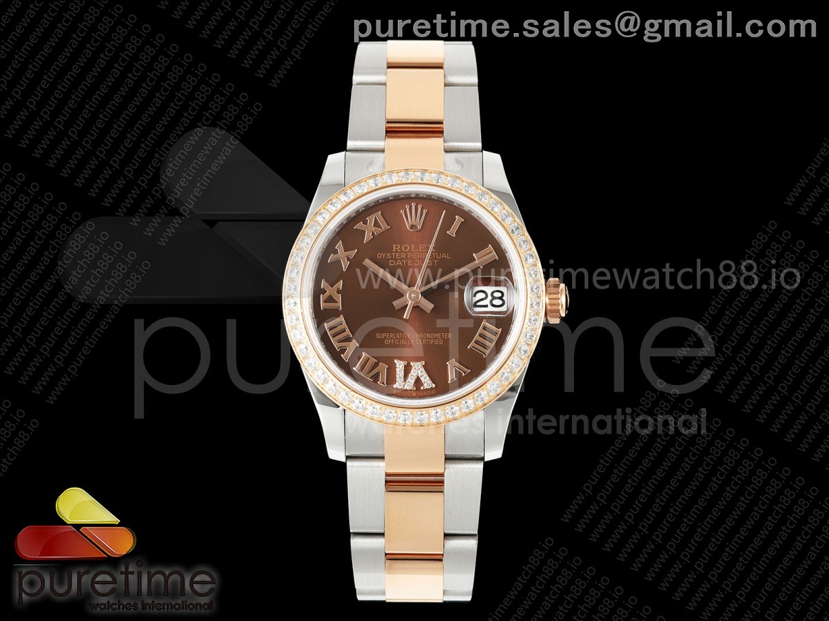 AR공장 롤렉스 레이디 데이저스트 31 로즈골드콤비 브라운다이얼 로만인덱스 다이아몬드베젤 오이스터브레이슬릿 DateJust 31 SS/RG ARF 1:1 Best Edition Brown Roman Dial Diamonds Bezel on Oyster Bracelet ETA2688