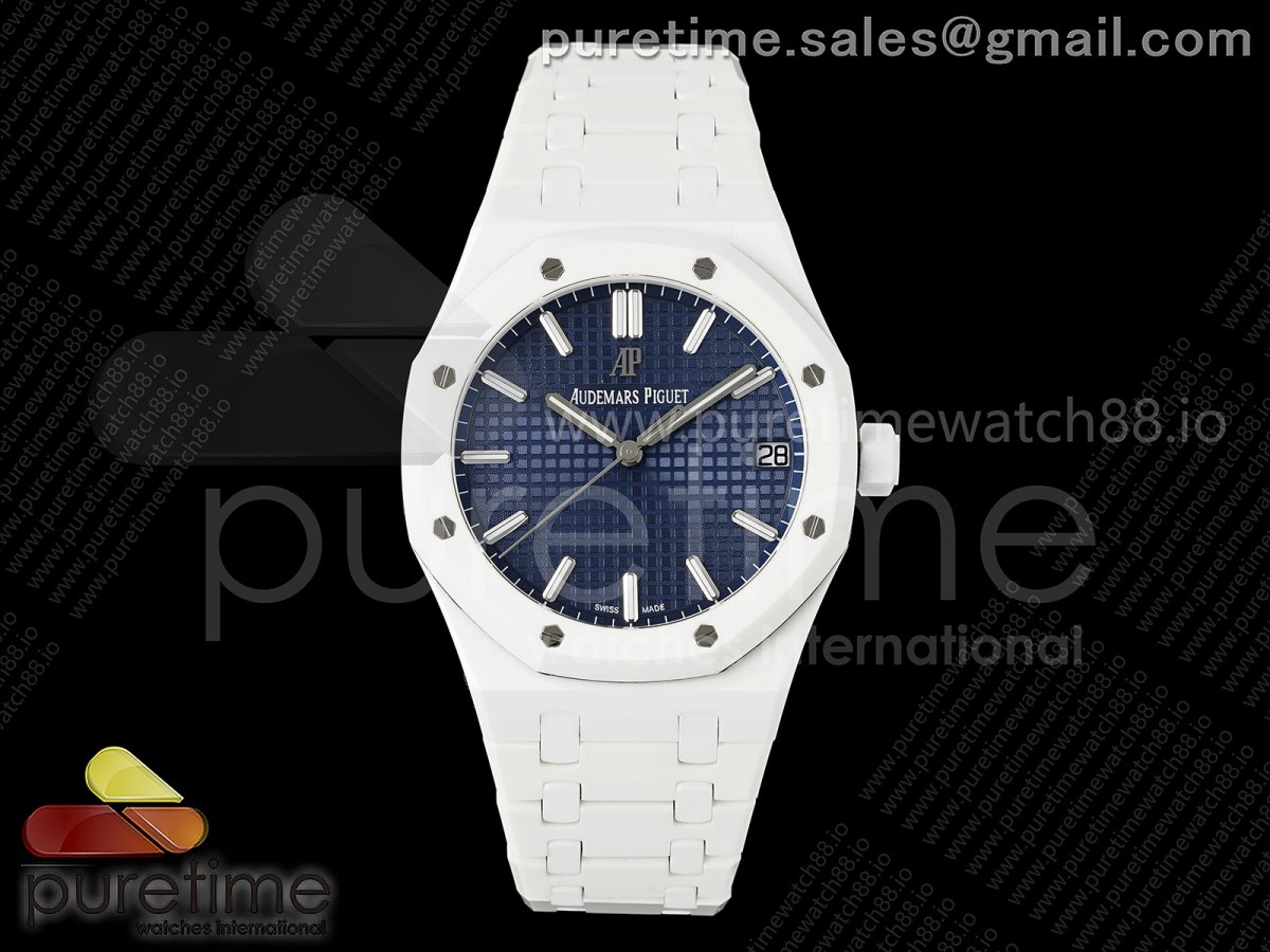 APS공장 오데마피게 로얄오크 15500 블루다이얼 화이트세라믹브레이슬릿 Royal Oak 15500 White Ceramic APSF 1:1 Best Edition Blue Dial on White Ceramic Bracelet SA4302 Super Clone